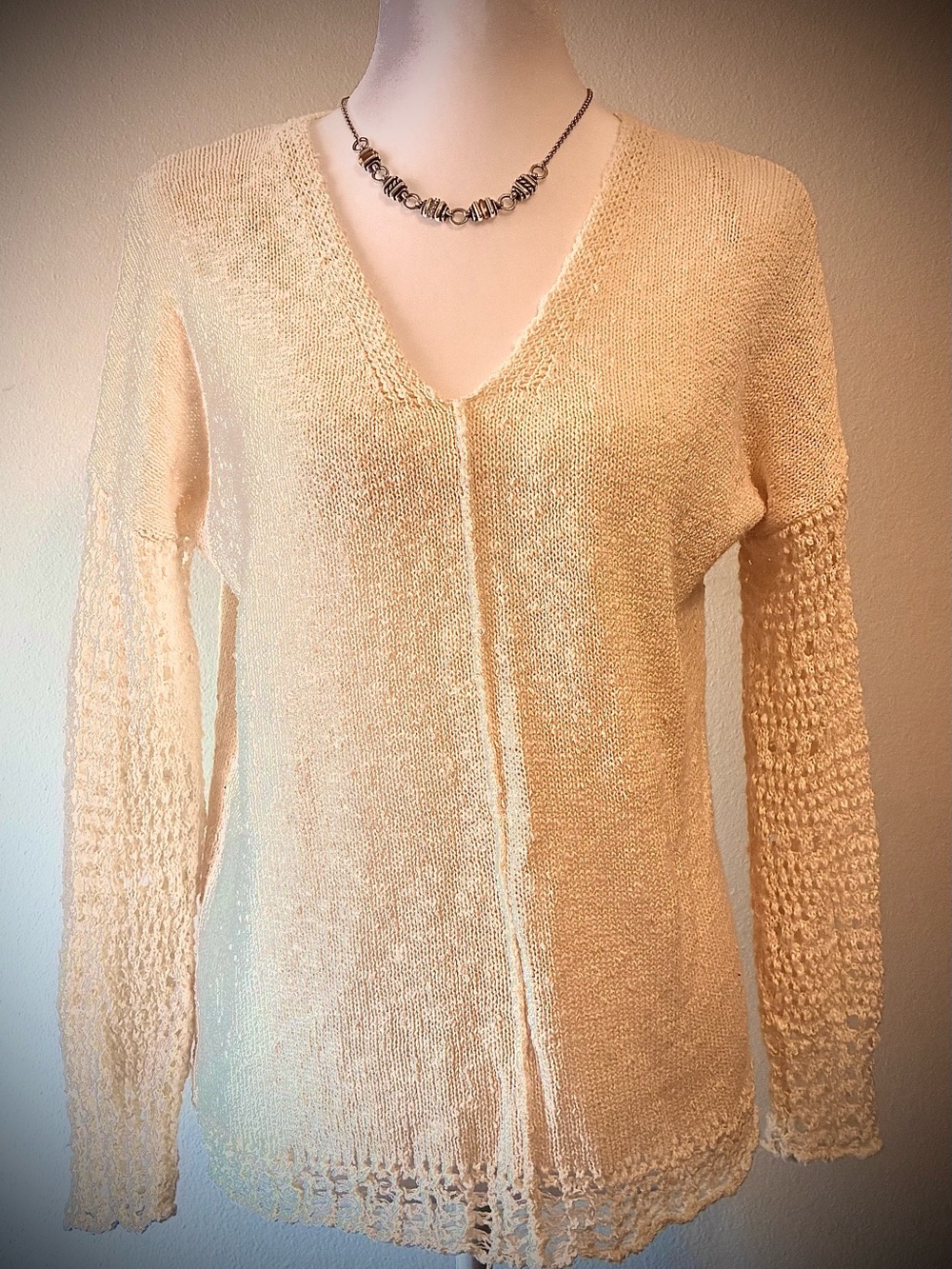 Lucky Brand Light Cream V‑Neck open Stitch and Crochet Sweater